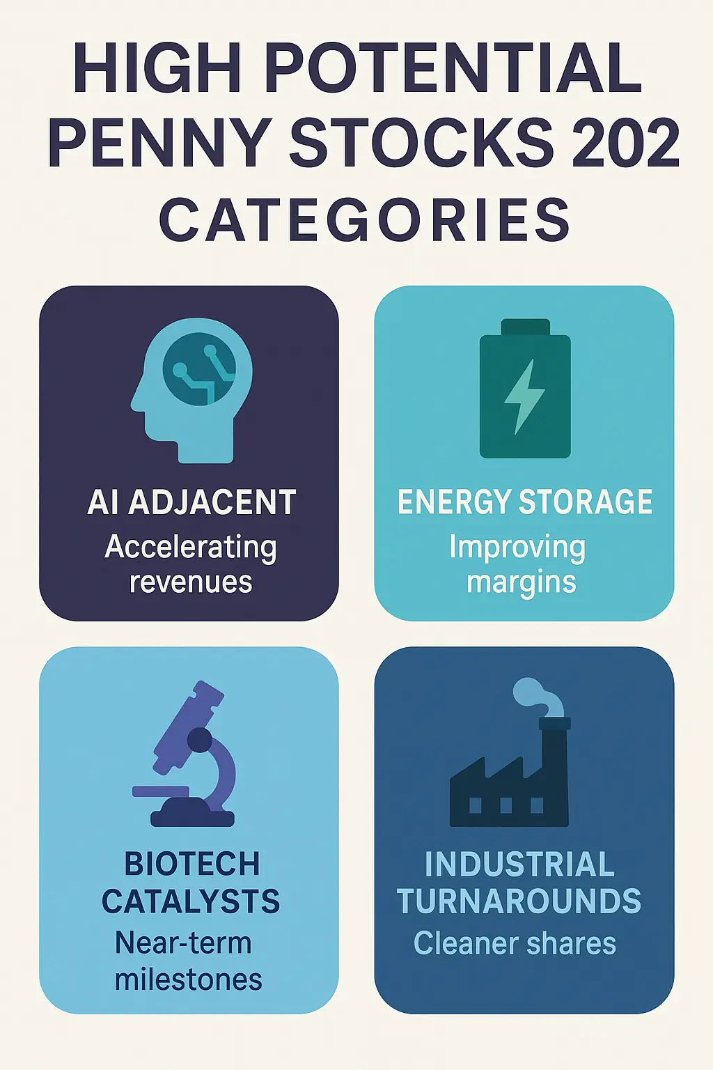 High potential penny stocks 2026 categories infographic for AI tools, energy storage, biotech catalysts, and industrial turnarounds