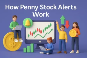 3D illustration of traders analyzing how penny stock alerts work with charts, alerts, and growth signals