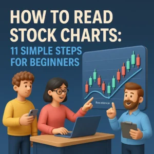 3D social promo image for How to Read Stock Charts with beginner characters