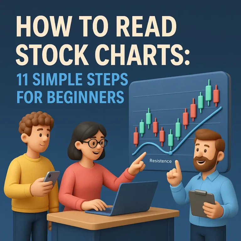 3D social promo image for How to Read Stock Charts with beginner characters