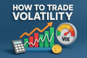 3D illustration for How to Trade Volatility blog with candlestick chart, VIX meter, and gold coin