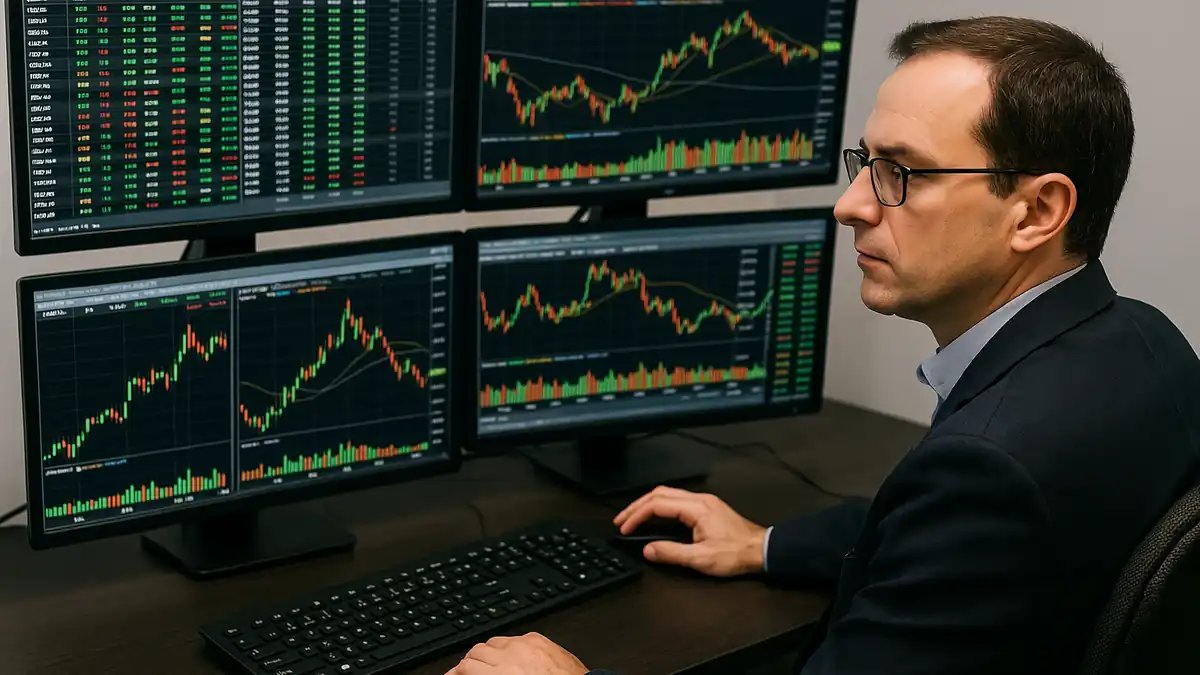 Photographic-style image of trader analyzing Nvidia and OpenAI trading strategies on multiple monitors