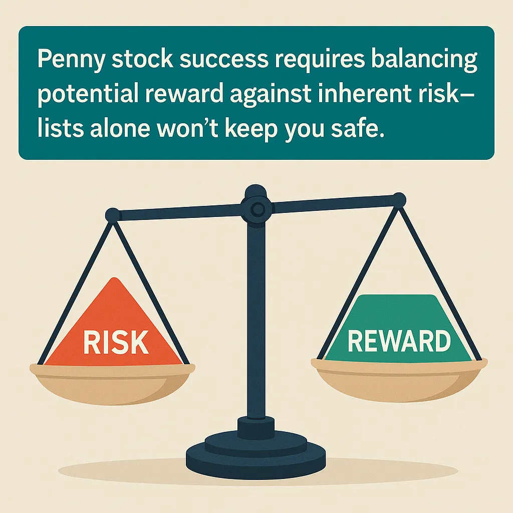 Balancing penny stock risk versus reward on a scale illustration