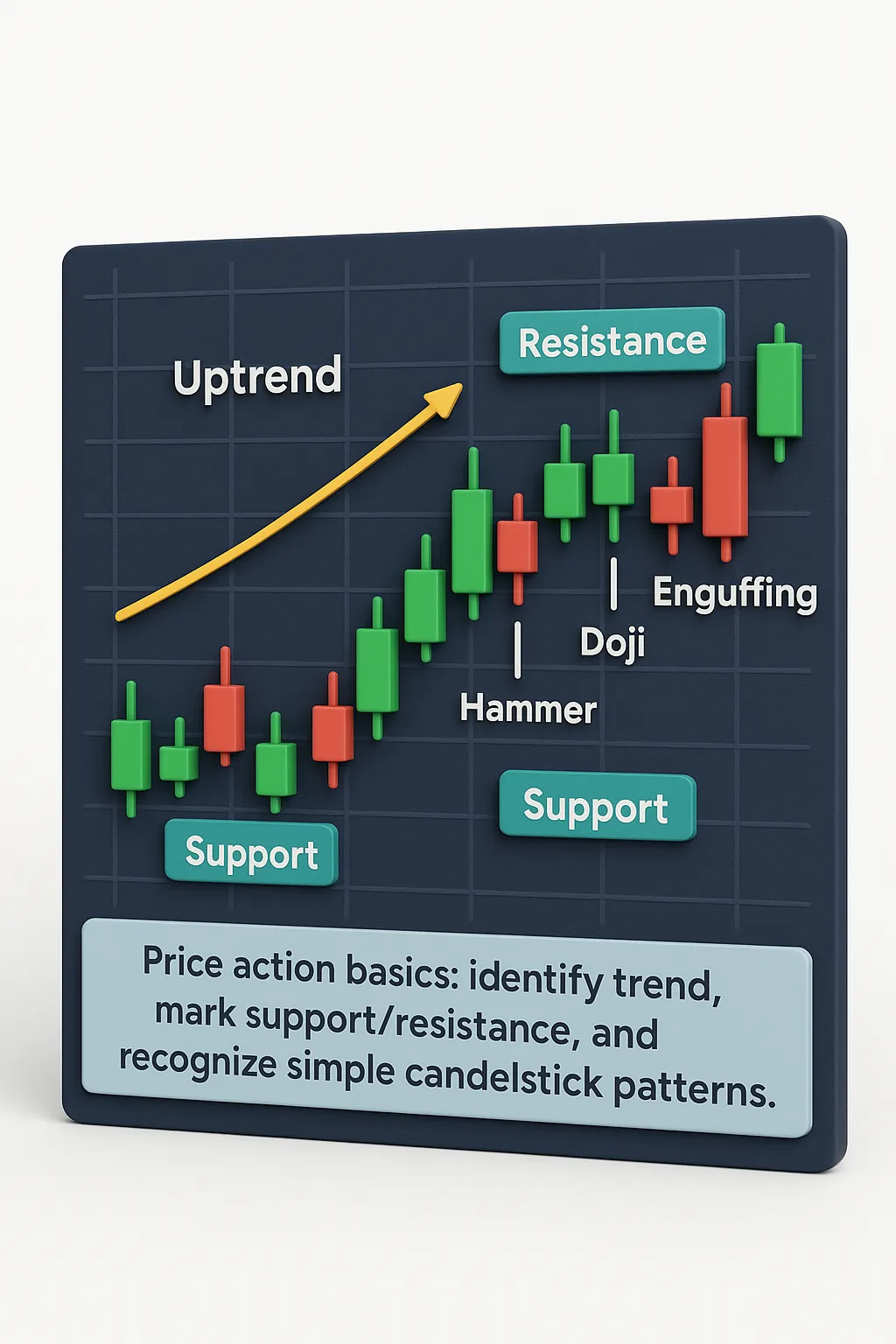 Beginner stock chart showing price action with trends and candlestick patterns