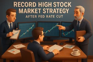 Record high stock market strategy after Fed rate cut with traders analyzing charts