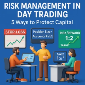 Risk management in day trading — 3D traders setting stop-losses, position sizing, and risk/reward rules