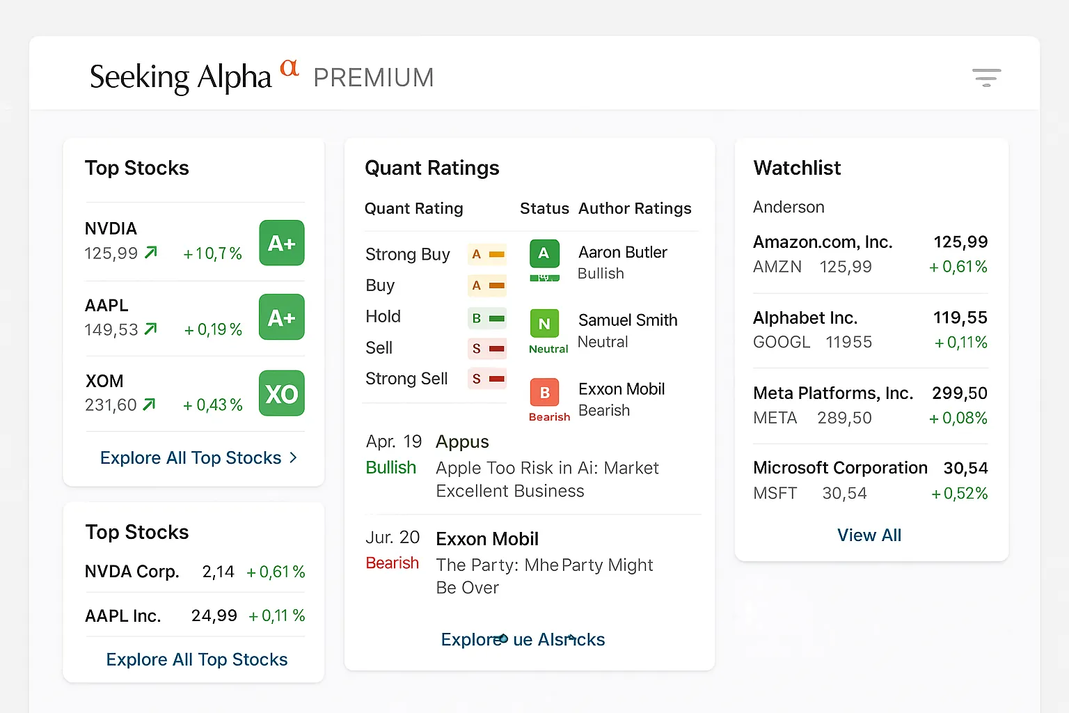 Seeking Alpha Premium dashboard showing stock alerts and analysis tools