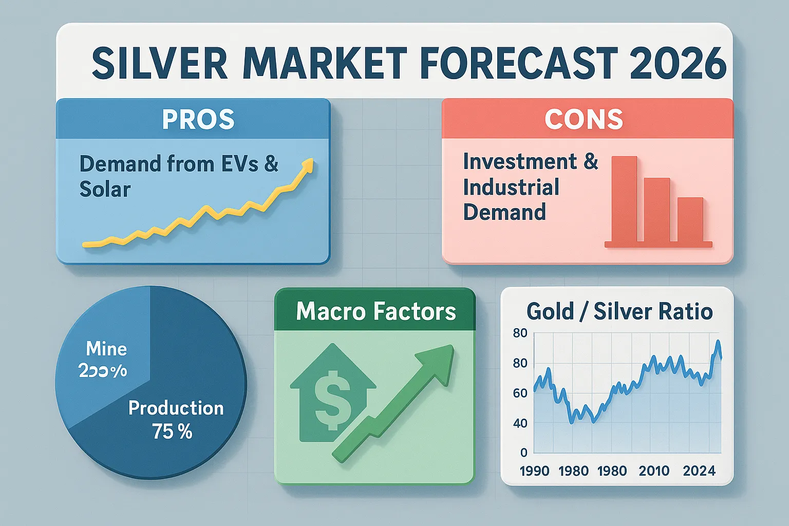 Silver market forecast 2026 dashboard with supply, demand, and price charts