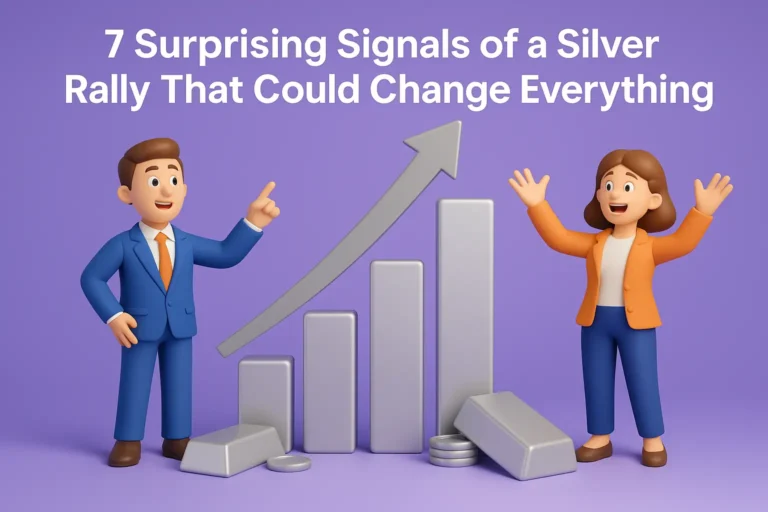 3D illustration of two traders analyzing silver rally signals with rising bars and coins