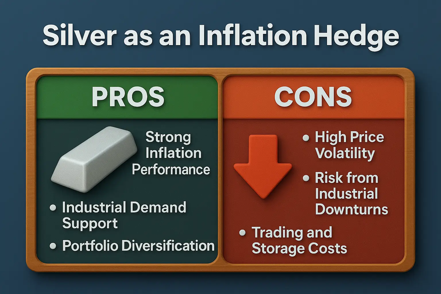 Table comparing pros and cons of silver as an inflation hedge for traders