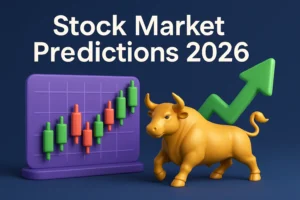 3D illustration for Stock Market Predictions 2026 with candlestick chart, green arrow, and golden bull
