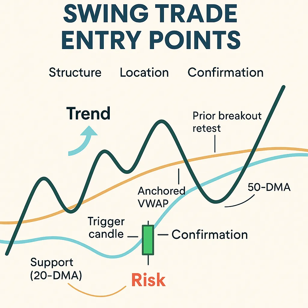Diagram showing ideal swing trade entry points using trend, support, moving averages, and candlestick confirmation