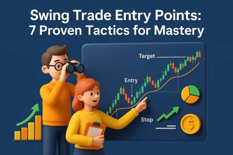 3D promotional illustration for “Swing Trade Entry Points: 7 Proven Tactics for Mastery” with two trader characters analyzing a candlestick chart.
