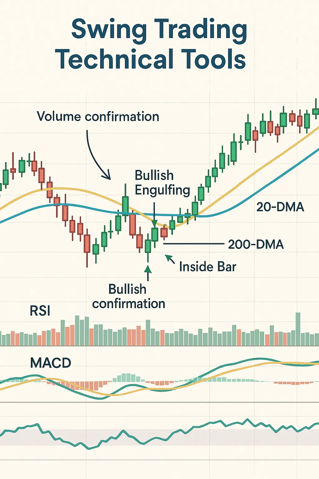 Swing trading technical tools chart with moving averages, RSI, MACD, and candlestick patterns marked for entry points