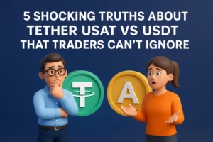 3D illustration of traders reacting to Tether USAT vs USDT stablecoin comparison