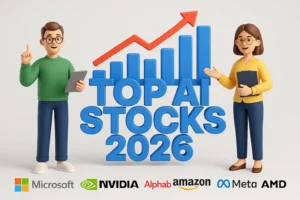 3D social media promo image for Top AI Stocks 2026 with characters and company logos