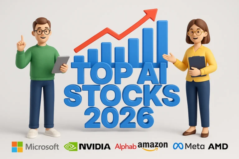 3D social media promo image for Top AI Stocks 2026 with characters and company logos