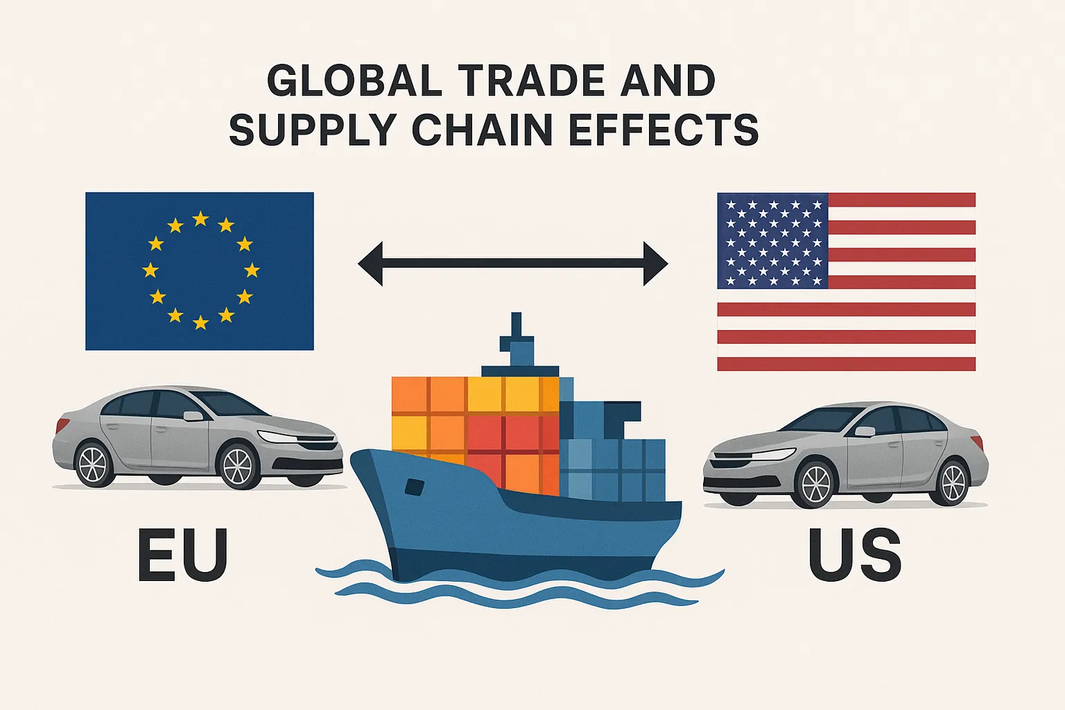 Global supply chain map showing US-EU auto trade routes and tariff impacts in 2025