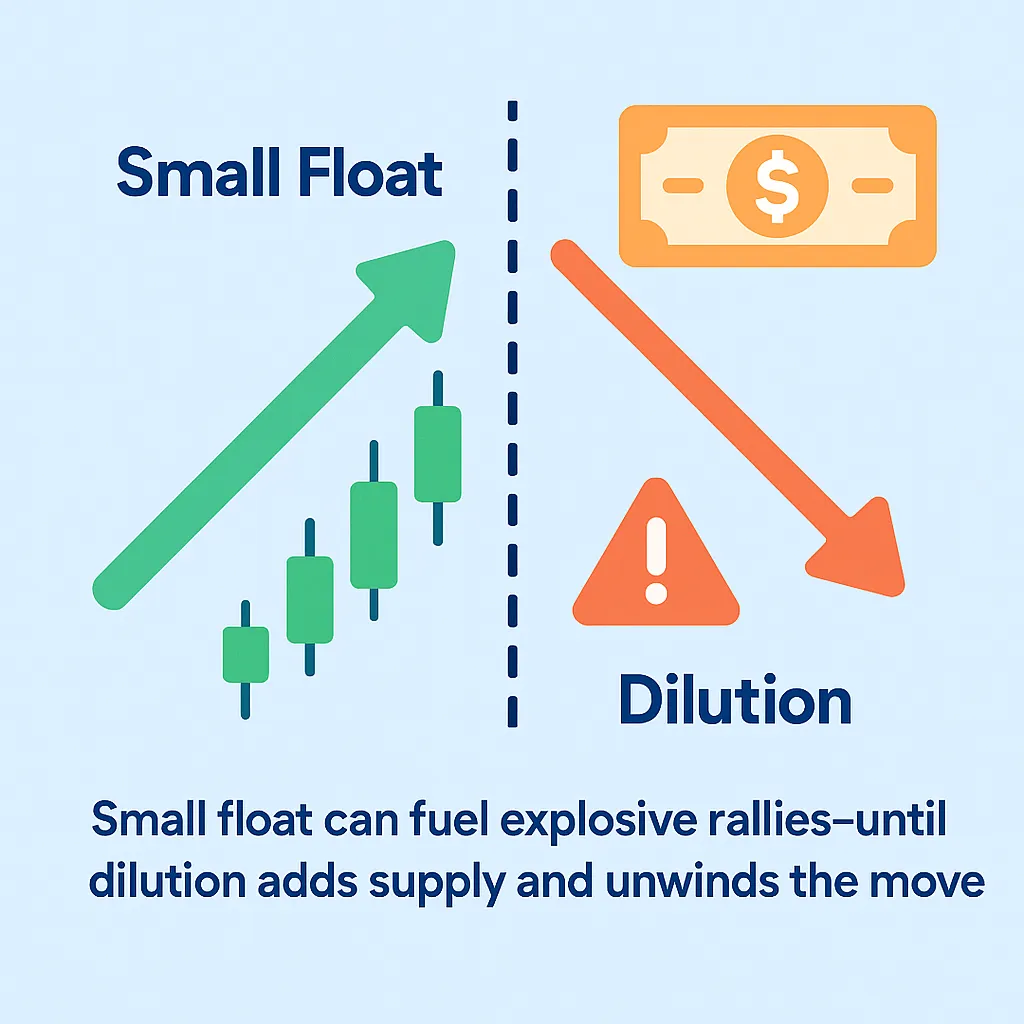 Float and dilution overhang visualization for Yahoo Finance penny stocks screener