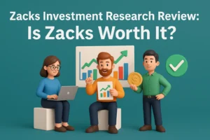 3D illustration for Zacks Investment Research Review blog with characters analyzing stock charts