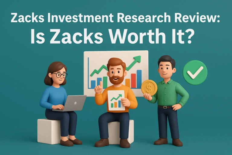3D illustration for Zacks Investment Research Review blog with characters analyzing stock charts