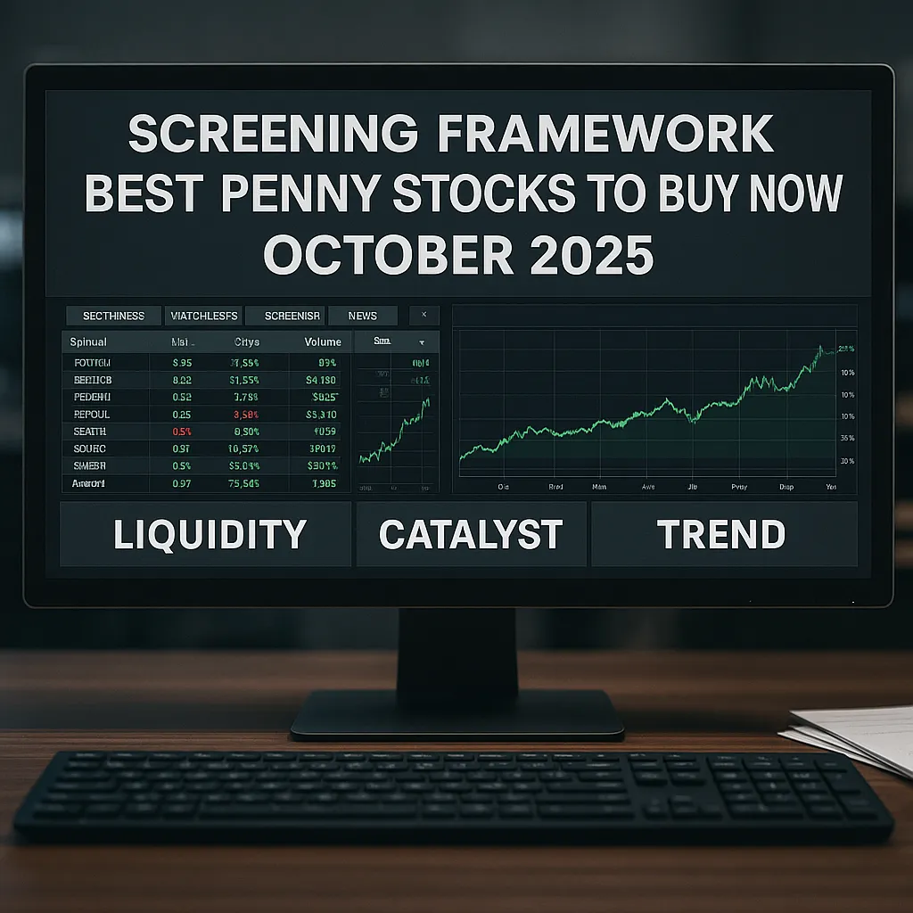 Screening framework for the best penny stocks to buy now in October 2025 showing liquidity, filings, and catalyst checks