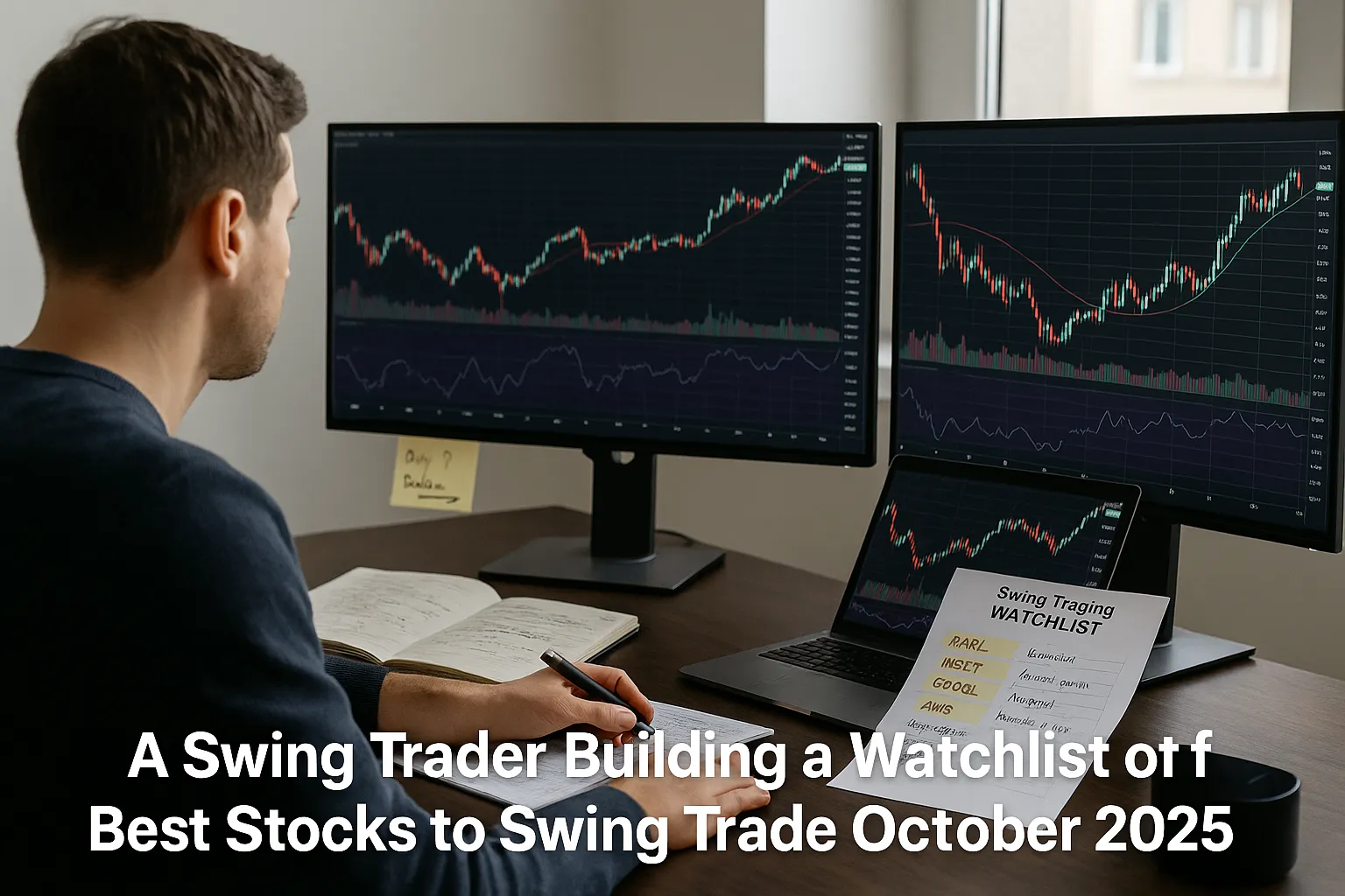 Trader reviewing the best stocks to swing trade October 2025 with charts and notes