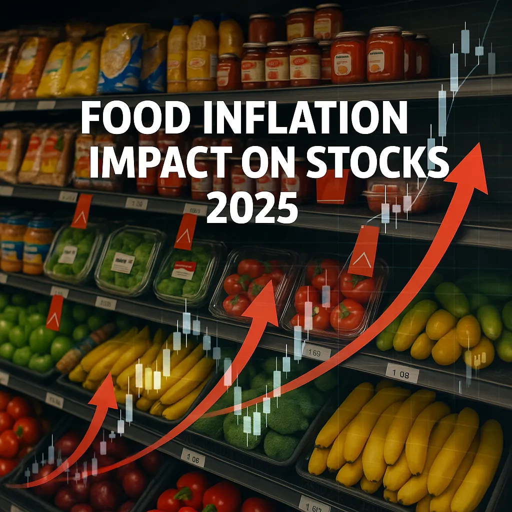 Food inflation impact on stocks 2025 with grocery shelves, rising price tags, and market overlay