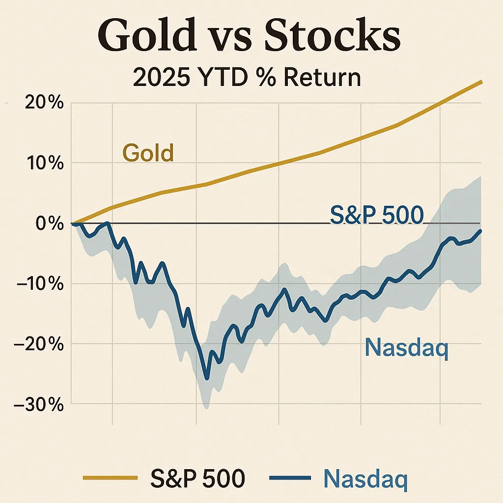 Gold vs stocks 2025 performance comparison chart showing risk-return trends