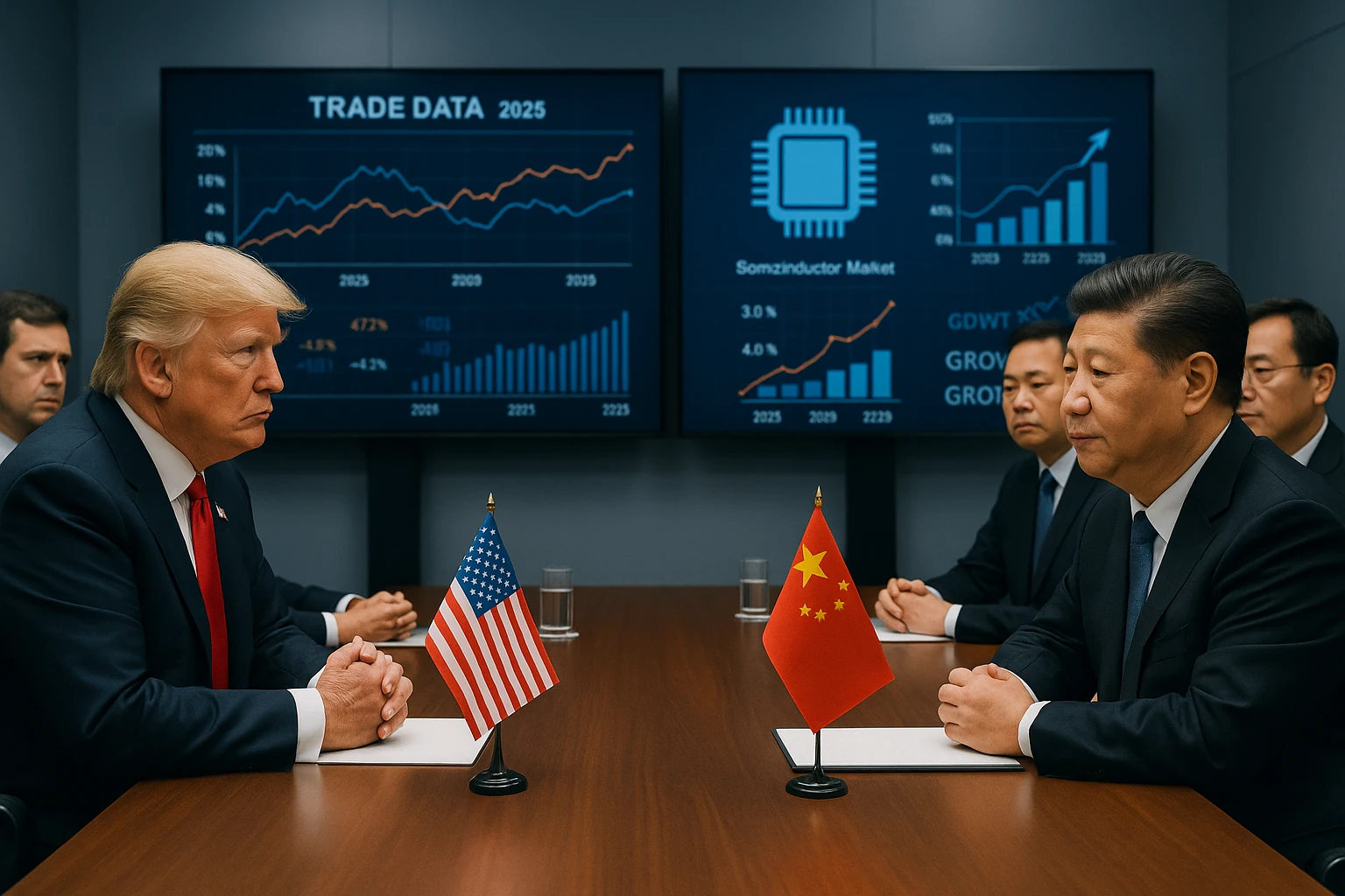 Trump and Xi meeting in 2025 with technology trade charts in the background symbolizing export impacts.