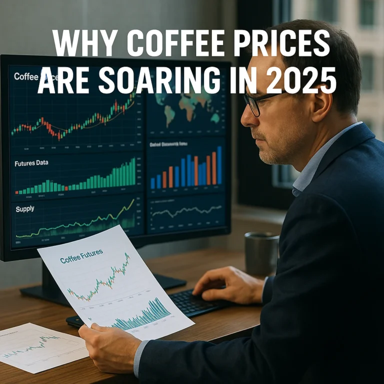 Investor analyzing coffee price charts and global commodity data for why coffee prices are soaring in 2025.