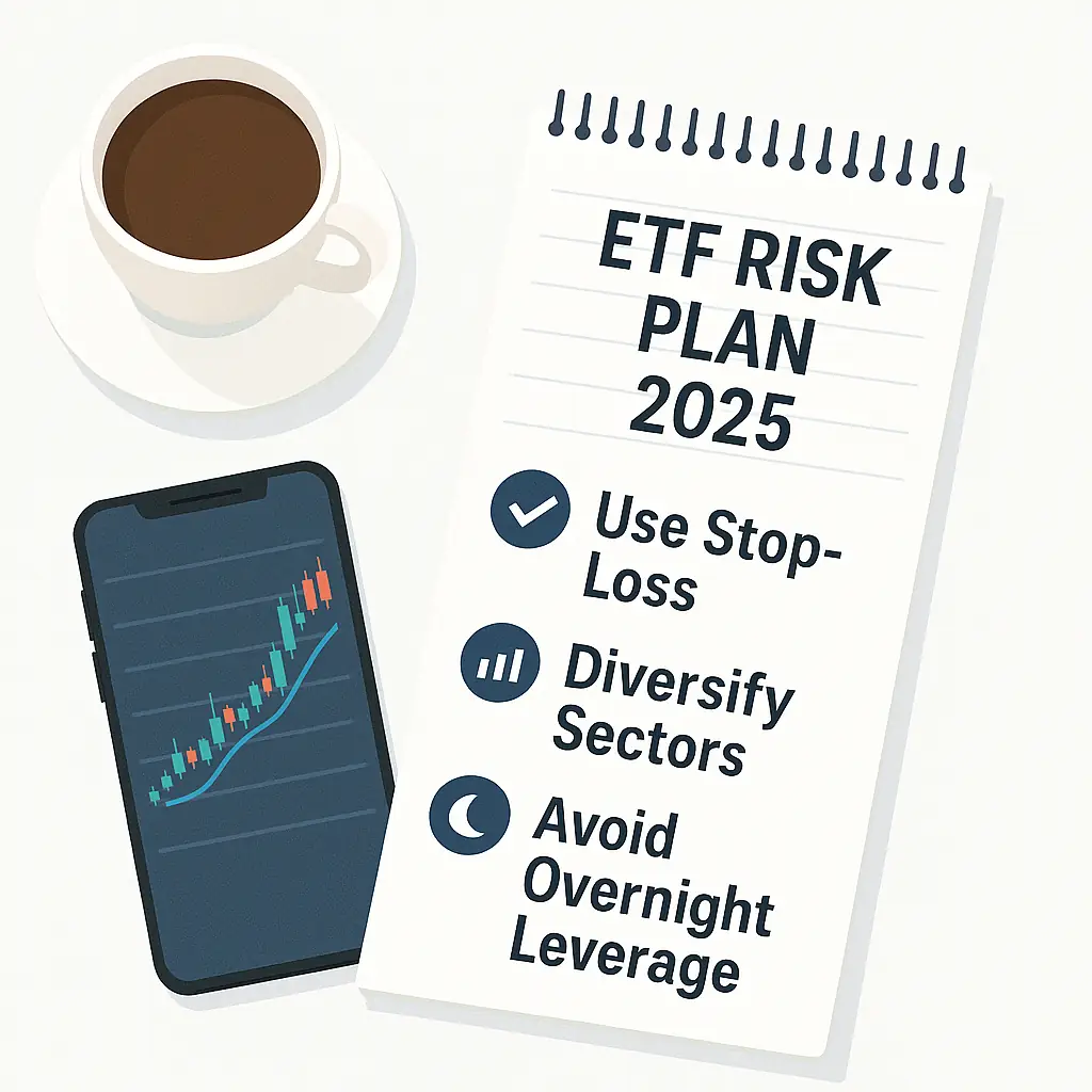 ETF risk management tips for 2025 showing stop-loss strategy and diversification approach